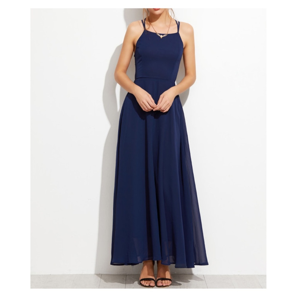 Navy Blue Lace Up Back Chiffon Maxi Dress - Picture 2 of 5